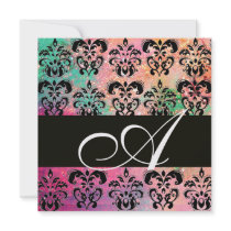 PINK GREEN FUCHSIA BLACK  DAMASK MONOGRAM , white Custom Invitation