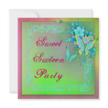 Pink Green Neon Grunge Butterfly Sweet 16 Birthday Announcement