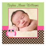 Pink Green Owl Photo Birth Announcement