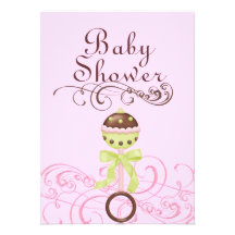 Pink/Green Rattle & Swirl Baby Shower Invitation
