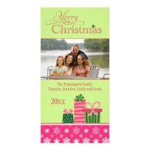 Pink green whimsical presents christmas photocard photo greeting card