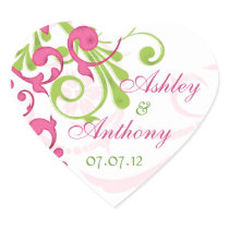 Pink Green White Abstract Floral Wedding Heart Heart Stickers