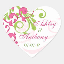 Pink Green White Abstract Floral Wedding Heart Heart Stickers
