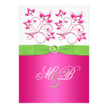 Pink, Green, White Floral Monogrammed Invitation
