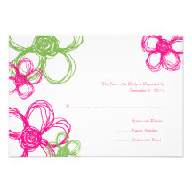 Pink & Green Wild Flowers Wedding RSVP Custom Invites