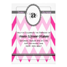 Pink Grey and Black Chevron Monogram Custom Invitation