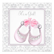 Pink Grey Baby Shoes Pink Grey Baby Girl Shower Personalized Invitations