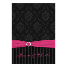 Pink Grey Black Damask Stripes Scrolls Wedding Personalized Announcements