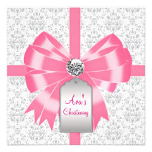 Pink Grey Damask Baby Girl Baptism Christening Personalized Invitations