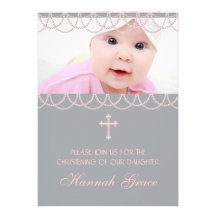 Pink Grey Pearl Cross Baby Girl Photo Christening Personalized Invite