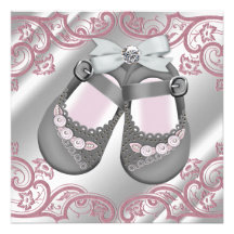 Pink Grey Shoes Swirls Pink Grey Baby Girl Shower Announcements