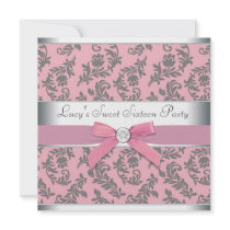 Pink Grey Swirl Damask Pink Sweet 16 Party