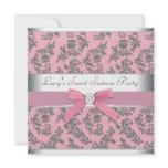 Pink Grey Swirl Damask Pink Sweet 16 Party invitations
