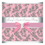 Pink Grey Swirl Damask Pink Sweet 16 Party Custom Invite