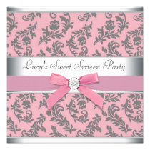 Pink Grey Swirl Damask Pink Sweet 16 Party invitations