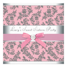 Pink Grey Swirl Damask Pink Sweet 16 Party Custom Invite