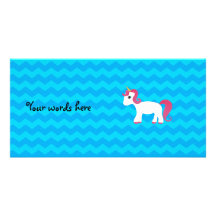 Pink hair unicorn blue chevrons personalized photo card