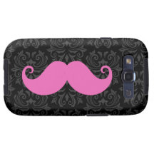 Pink handlebar moustache on black damask pattern