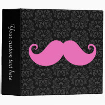 Pink handlebar moustache on black damask pattern vinyl binder