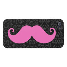 Pink handlebar moustache on black damask pattern case for the iPhone 5