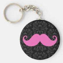 Pink handlebar moustache on black damask pattern key chains