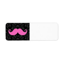 Pink handlebar moustache on black damask pattern labels