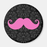 Pink handlebar moustache on black damask pattern magnets