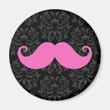 Pink handlebar moustache on black damask pattern magnets