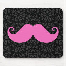 Pink handlebar moustache on black damask pattern mousepads