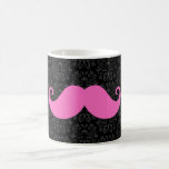 Pink handlebar moustache on black damask pattern mug