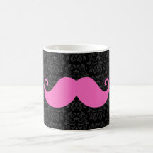 Pink handlebar moustache on black damask pattern mug