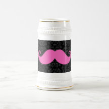 Pink handlebar moustache on black damask pattern coffee mugs