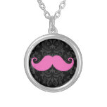 Pink handlebar moustache on black damask pattern custom necklace