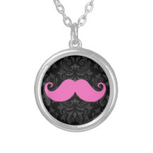Pink handlebar moustache on black damask pattern custom necklace