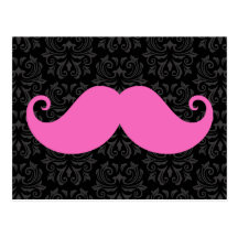 Pink handlebar moustache on black damask pattern postcards