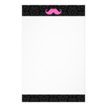 Pink handlebar moustache on black damask pattern custom stationery