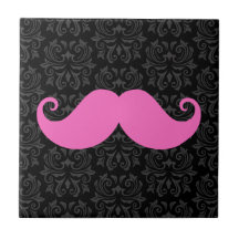 Pink handlebar moustache on black damask pattern ceramic tiles