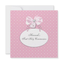Pink Heart Cross Girls First Communion Custom Invitations