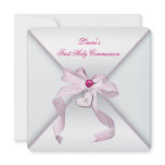 Pink Heart Cross Girls Pink First Communion Custom Invite