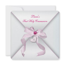 Pink Heart Cross Girls Pink First Communion Custom Invite
