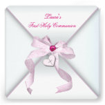 Pink Heart Cross Girls Pink First Communion Custom Invite