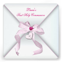 Pink Heart Cross Girls Pink First Communion invitations