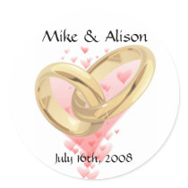 Pink Hearts & Gold Rings Wedding Stickers