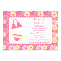 Pink hibiscus swimming birthday party invitation