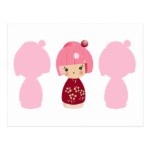 Pink Kokeshi Triplet x3 Postcard