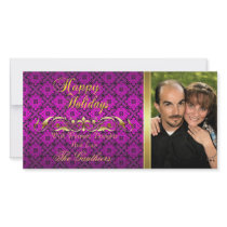 Pink Lace & Gold Scroll Holiday Photo Card
