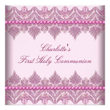 Pink Lace Pearls Girls Pink 1st Communion Custom Announcement