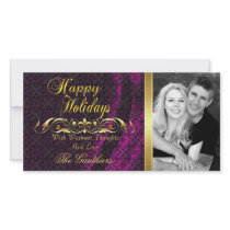 Pink Lace Silk & Gold Scroll Holiday Photo Card