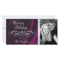 Pink Lace Silk & Silver Scroll Holiday Photo Card