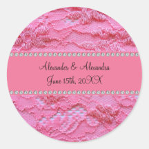 Pink lace wedding favours round stickers